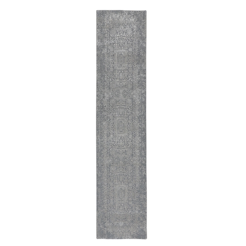 Gray Fine jacquard Hand Loomed Modern Wool And Art Silk Runner Oriental Rug