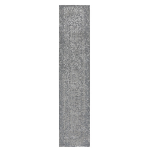 Gray Fine jacquard Hand Loomed Modern Wool And Art Silk Runner Oriental Rug