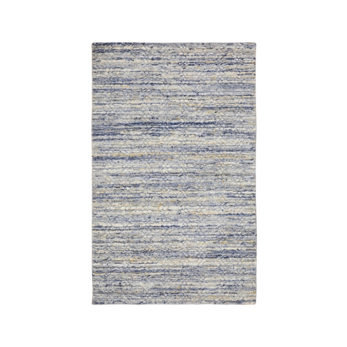 Blue Variegated Textured Design Hand Loomed Pure Wool Modern Oriental Rug