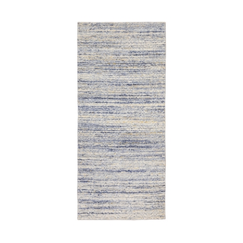 Blue Variegated Textured Design Hand Loomed Runner Pure Wool Modern Oriental Rug