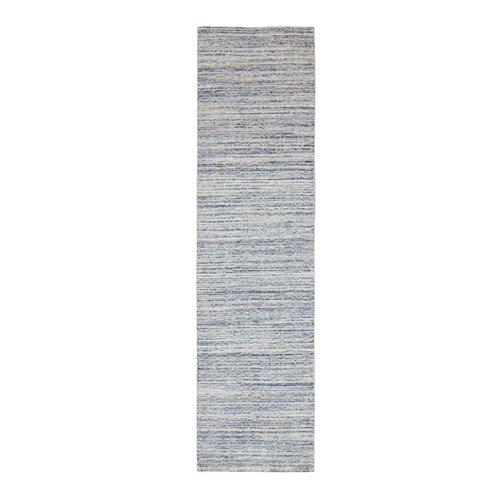 Blue Variegated Textured Design Hand Loomed Runner Pure Wool Modern Oriental Rug