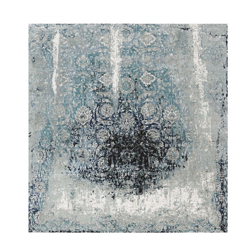 Blue Broken Persian Tabriz Erased Design Wool and Silk Hand Knotted Square Oriental Rug