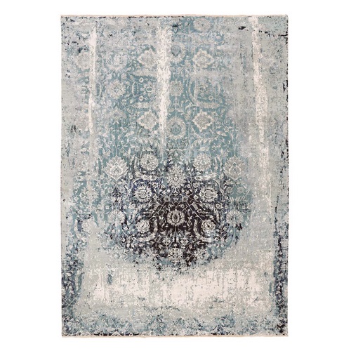 Blue Broken Persian Tabriz Erased Design Wool and Silk Hand Knotted Oriental Rug