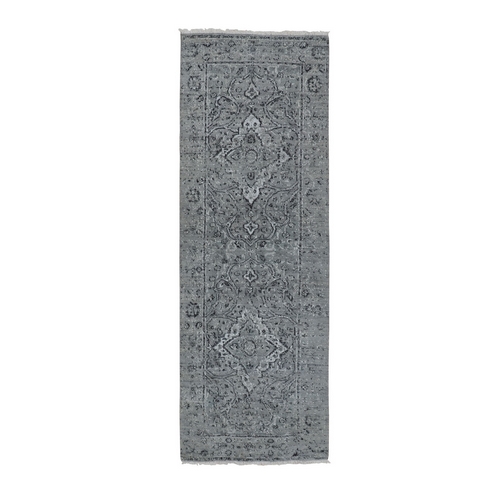 Gray Broken Persian Erased Design Runner Silk With Textured Wool Hand Knotted Oriental Rug