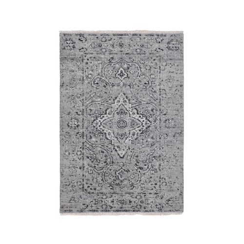 Gray Persian Erased Design Silk With Textured Wool Hand Knotted Oriental Rug