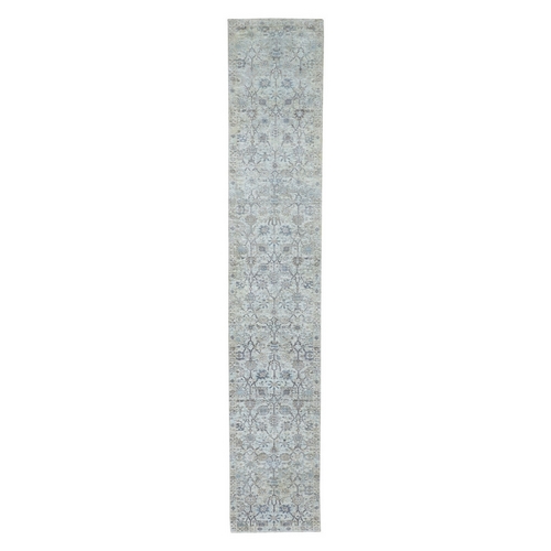 Ivory Silk With Textured Wool Tabriz XL Runner Hand Knotted Oriental Rug