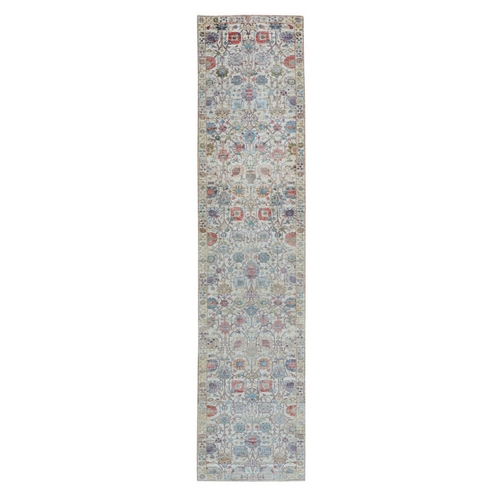 Colorful Silk With Textured Wool Tabriz Runner Hand Knotted Oriental Rug