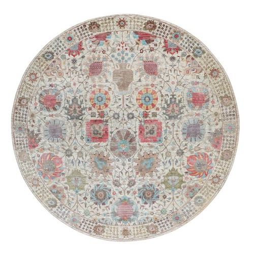 Round Colorful Silk With Textured Wool Tabriz Hand Knotted Oriental Rug