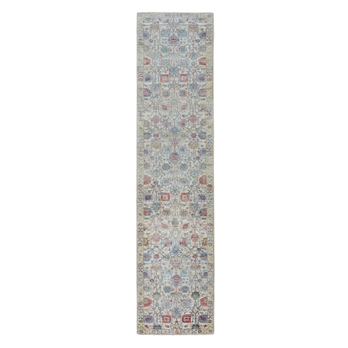 Colorful Silk With Textured Wool Tabriz Design Runner Hand Knotted Oriental Rug
