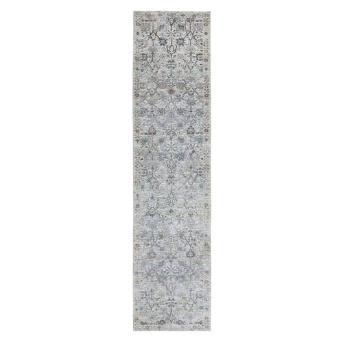 Ivory Silk With Textured Wool Tabriz Design Runner Hand Knotted Oriental Rug