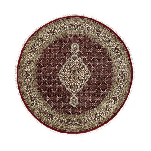 Red Fish Design Tabriz Mahi Wool And Silk Hand Knotted Round Oriental Rug