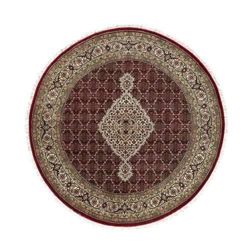 Red Hand Knotted Wool And Silk Tabriz Mahi Fish Design Round Oriental Rug