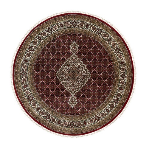 Rich Black, Hand Knotted, Tabriz Mahi with Fish Medallion Design, 250 KPSI Wool Round Oriental Rug