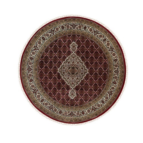 Round Hand Knotted Red Fish Design Tabriz Mahi Wool Oriental Rug