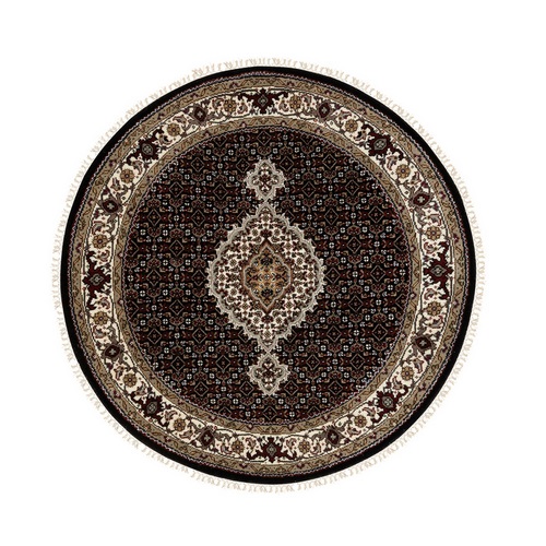 Rich Black, 250 KPSI Wool Tabriz Mahi with Fish Medallion Design, Hand Knotted, Round Oriental Rug