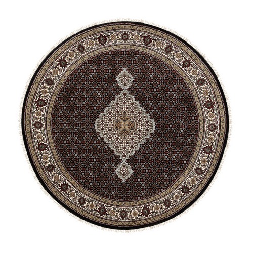 Rich Black, Tabriz Mahi with Fish Medallion Design, 250 KPSI Wool Hand Knotted, Round Oriental Rug