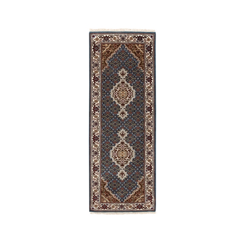Hand Knotted Wool And Silk Blue Fish Design Tabriz Mahi Oriental Runner Rug Hand Knotted Wool And Silk Blue Fish Design Tabriz Mahi Oriental Runner Rug
