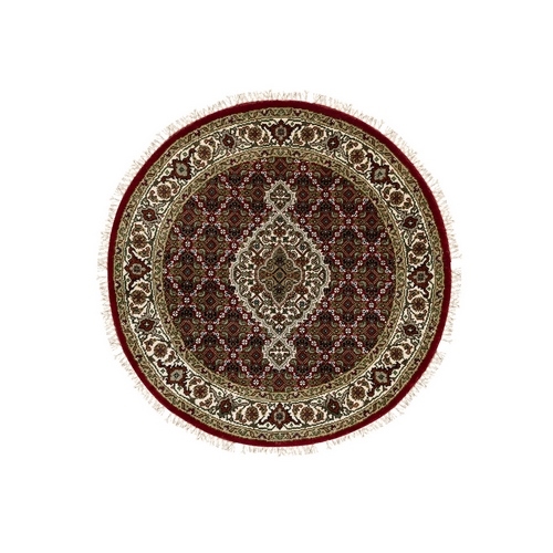 Red Hand Knotted Fish Design Tabriz Mahi Wool And Silk Oriental Round Rug