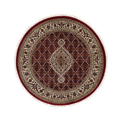 Red Hand Knotted Wool Tabriz Mahi Fish Design Oriental Round Rug