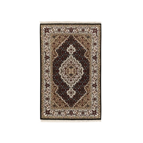 Rich Black, Hand Knotted, 250 KPSI, Wool, Tabriz Mahi with Fish Medallion Design, Oriental Rug Rich Black, Hand Knotted, 250 KPSI, Wool, Tabriz Mahi with Fish Medallion Design, Oriental Rug