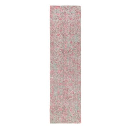 Pink Erased Persian Design Wool and Art Silk Hand Loomed Jacquard Oriental Rug