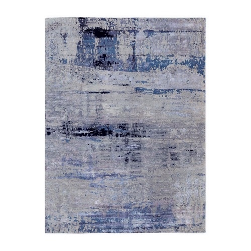 Abstract Design Square Silver-Blue Hand Knotted Hi-Low Pile Wool & Silk Oriental Rug