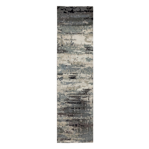 Abstract Design Hi-Low Pile Wool and Silk Hand Knotted Runner Oriental Rug