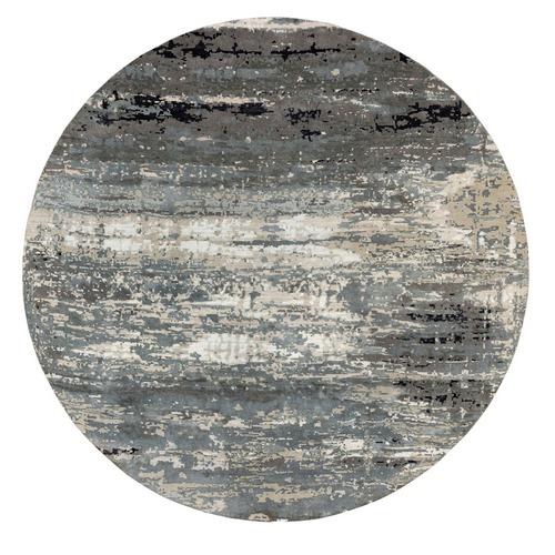Taupe Hi-Low Pile Abstract Design Wool and Silk Hand Knotted Round Oriental Rug