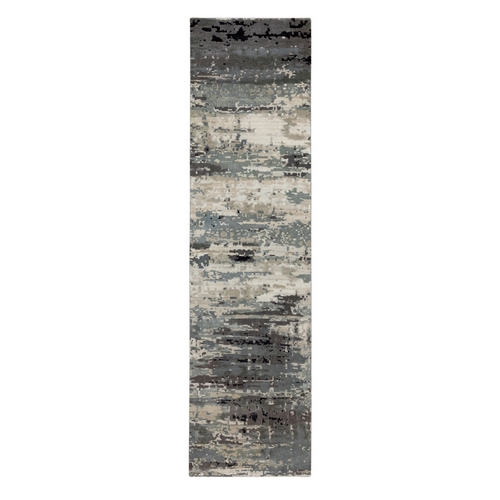 Taupe Abstract Design Wool and Silk Runner Hi-Low Pile Hand Knotted Oriental Rug