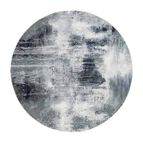 Gray with Black Abstract Design Wool and Silk Hand Knotted Round Oriental Rug