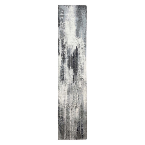 Charcoal Black Wool and Silk Abstract Design Hand Knotted Runner Oriental Rug