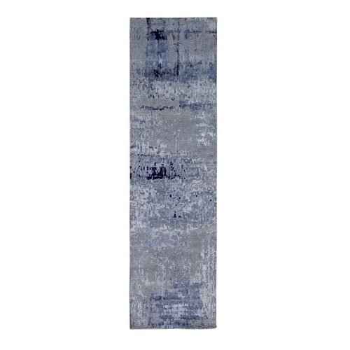 Silver, Blue Wool And Silk Modern Abstract Design Hand Knotted Oriental Runner Rug