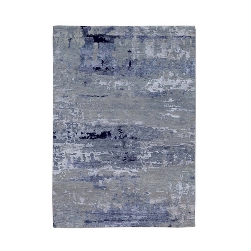 Silver, Blue Wool And Silk Modern Abstract Design Hand Knotted Oriental Rug
