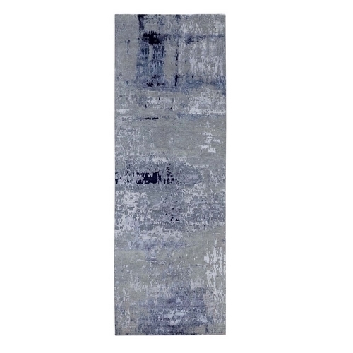 Hand Knotted Silver, Blue Wool And Silk Modern Abstract Design Oriental Runner Rug