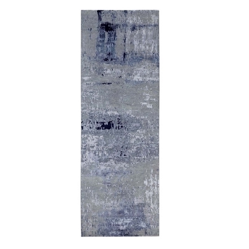 Wool And Silk Silver, Blue Modern Abstract Design Hand Knotted Oriental Runner Rug