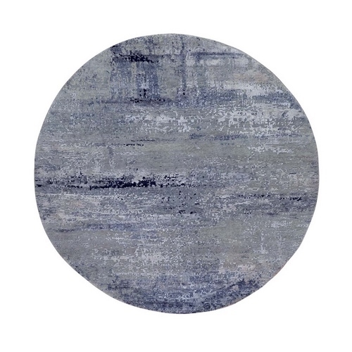 Silver Blue Wool & Silk Modern Abstract Design Hand Knotted Oriental Round Rug