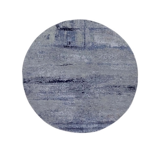 Silver Blue Wool & Silk Modern Abstract Design Hand Knotted Oriental Round Rug