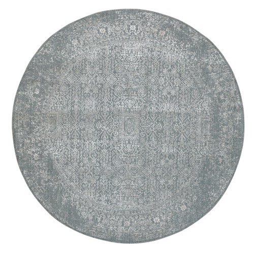Gray Fine jacquard Tone on Tone Hand Loomed Modern Wool and Art Silk Round Oriental Rug