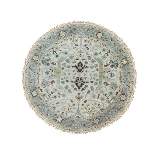 Light Gray with Pop of Color Round Denser Weave Oushak Hand Knotted Natural Wool Oriental Rug