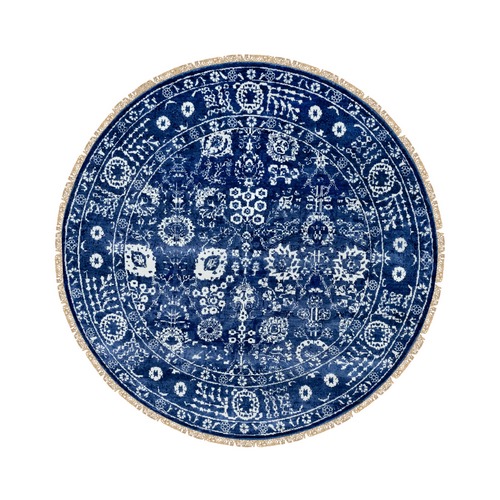 Blue Tone On Tone Tabriz Wool and Silk Round Hand Knotted Oriental Rug