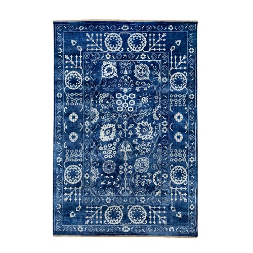 Blue Hand Knotted Tone On Tone Tabriz Wool and Silk Oriental Rug