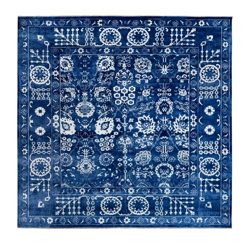 Blue Tone On Tone Tabriz Wool and Silk Square Hand Knotted Oriental Rug