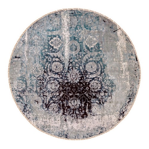 Wool and Silk Broken Persian Tabriz Erased Design Hand Knotted Round Oriental Rug