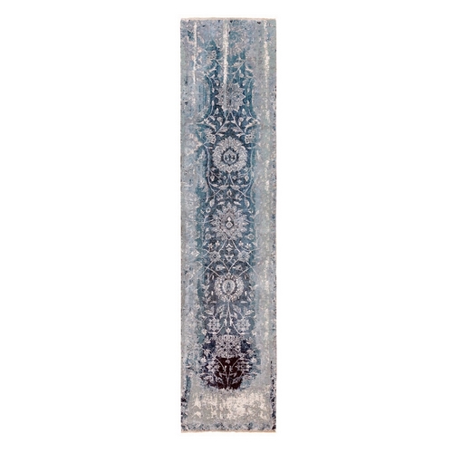 Blue Erased Design Wool and Silk Broken Persian Tabriz Hand Knotted Runner Oriental Rug