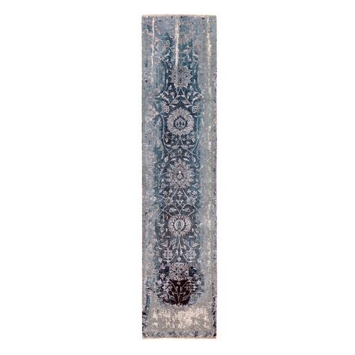 Blue Erased Design Wool and Silk Broken Persian Tabriz Hand Knotted Runner Oriental Rug Blue Erased Design Wool and Silk Broken Persian Tabriz Hand Knotted Runner Oriental Rug