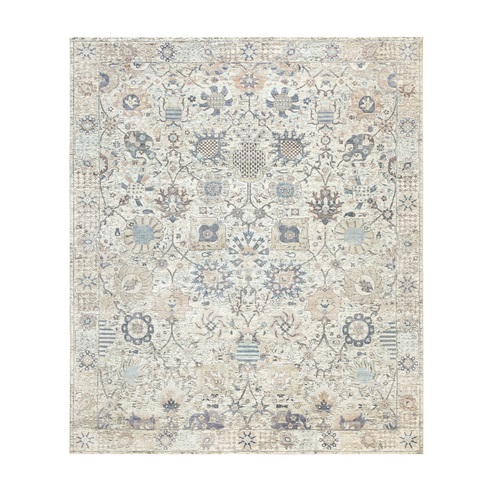 Ivory Hand Knotted Silk With Textured Wool Tabriz Oriental Rug