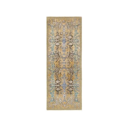 Tan and Chocolate Brown, Silk With Textured Wool Transitional Sarouk Hand Knotted Oriental Runner Rug