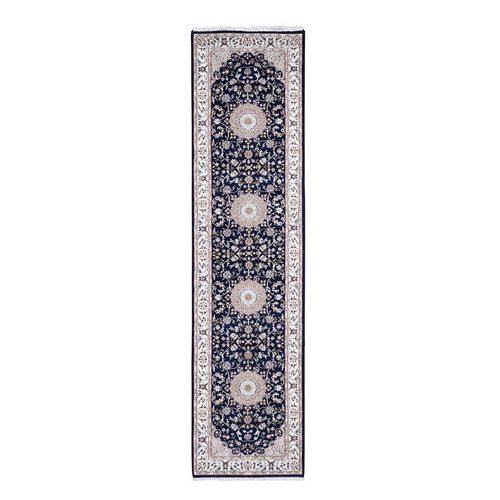 Navy Blue Nain Runner Wool and Silk 250 KPSI Hand Knotted Oriental Rug Navy Blue Nain Runner Wool and Silk 250 KPSI Hand Knotted Oriental Rug