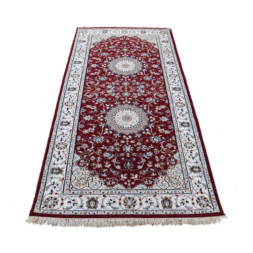 Wool And Silk 250 KPSI Red Nain Hand-Knotted Oriental Runner Rug