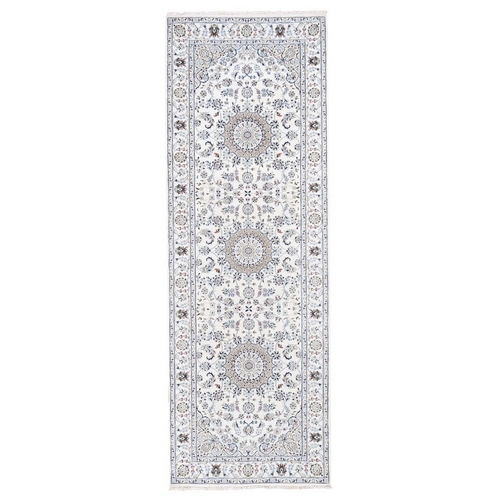 Wool And Silk 250 KPSI Ivory Nain Hand-Knotted Oriental Runner Rug Wool And Silk 250 KPSI Ivory Nain Hand-Knotted Oriental Runner Rug